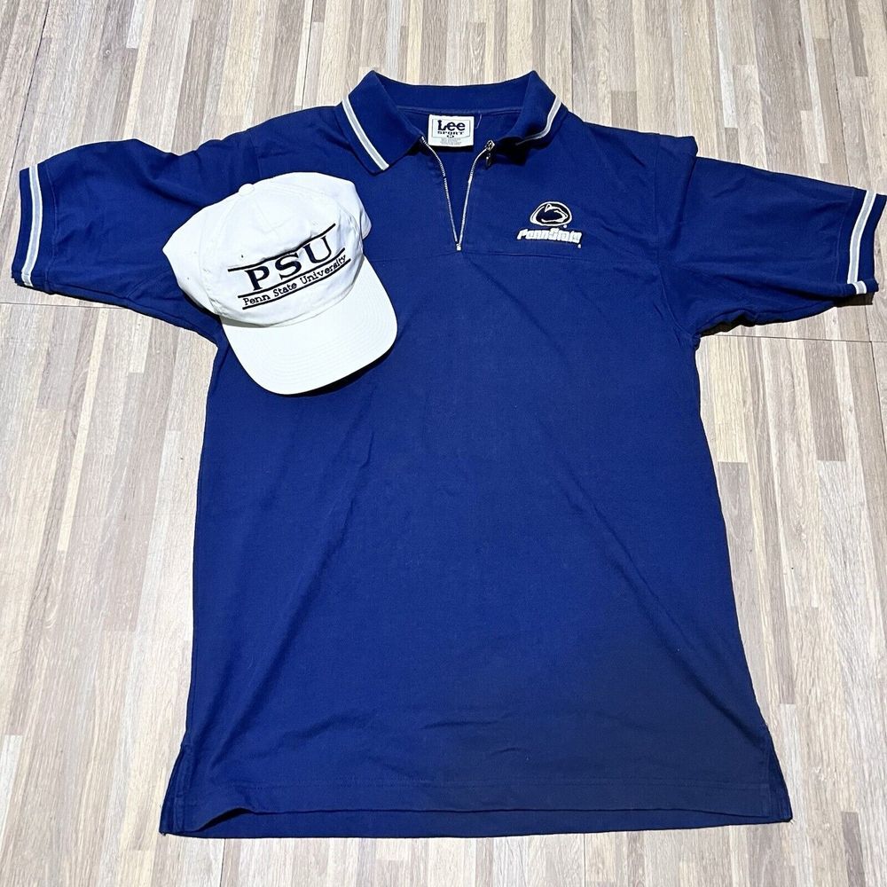 Vintage Lee Sport Penn State Nittany Lions Polo 1/4 Zip M Navy The Game Hat FLAW